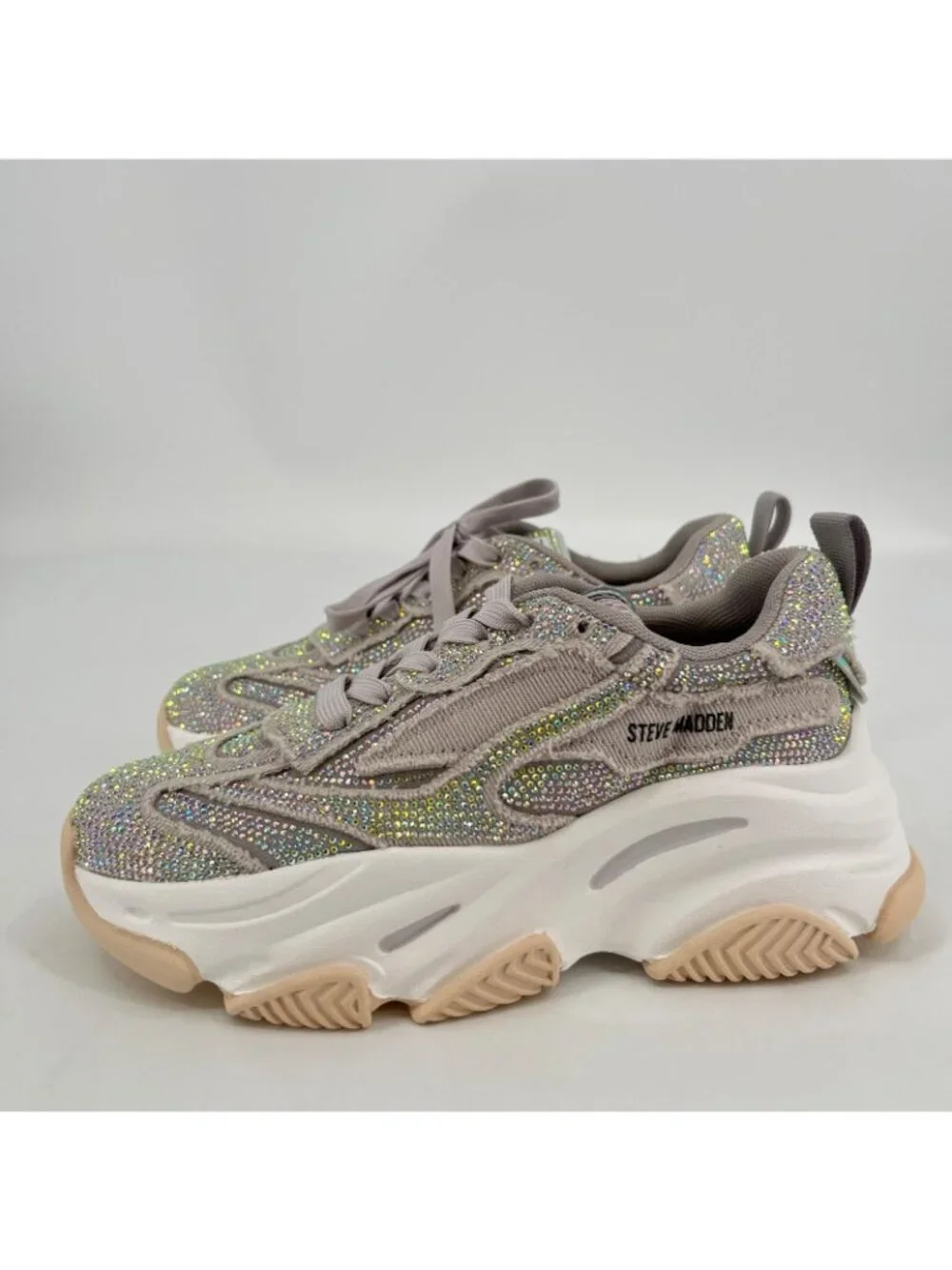 Steve Madden Permit Rhinestone Sneakers Size 5.5M Gray Platform Lace Up Chunky